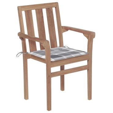 vidaXL Καρέκλες Κήπου 2 τεμ. από Μασίφ Ξύλο Teak & Γκρι Καρό Μαξιλάρια 58x50x89cm