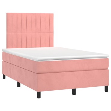 vidaXL Κρεβάτι Boxspring με Στρώμα & LED Ροζ 120x190 εκ. Βελούδινο