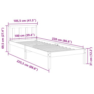 vidaXL Πλαίσιο Κρεβατιού Μακρύ Χωρίς Στρώμα 100x220 εκ Μασίφ Πεύκο
