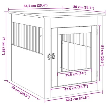 vidaXL Κλουβί Σκύλου Παλιό ξύλο 64,5 x 80 x 71 εκ. Επεξεργασμένο ξύλο