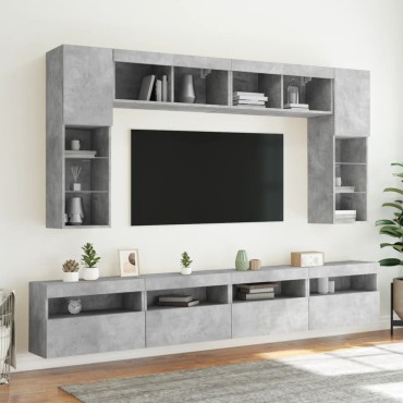 vidaXL Ντουλάπια Τηλεόρασης Τοίχου 8 τεμ. Φώτα LED Γκρι Σκυροδέματος