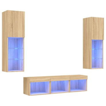 vidaXL Έπιπλα Τοίχου Τηλεόρασης 5 τεμ. LED Sonoma Δρυς από Επεξ. Ξύλο