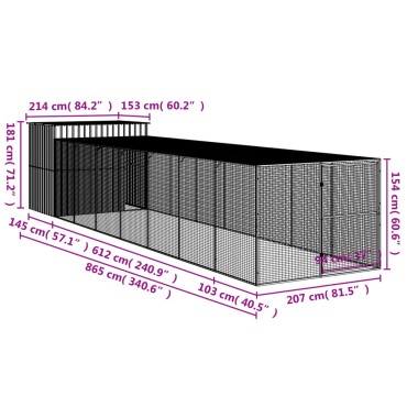 vidaXL Σπιτάκι Σκύλου με Αυλή Ανθρακί 214x865x181 εκ. Γαλβαν. Χάλυβας