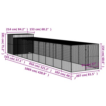 vidaXL Σπιτάκι Σκύλου με Αυλή Ανθρακί 214x1069x181 εκ. Γαλβαν. Χάλυβας