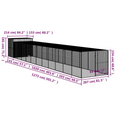vidaXL Σπιτάκι Σκύλου με Αυλή Αν. Γκρι 214x1273x181εκ. Γαλβαν. Χάλυβας