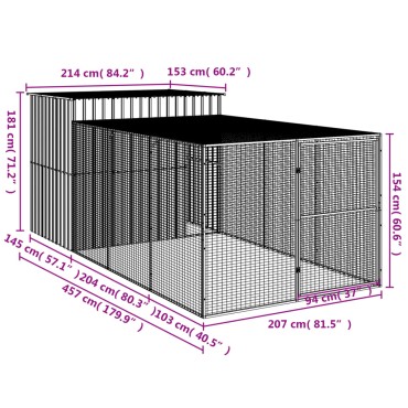 vidaXL Σπιτάκι Σκύλου με Αυλή Ανθρακί 214x457x181 εκ. Γαλβαν. Χάλυβας