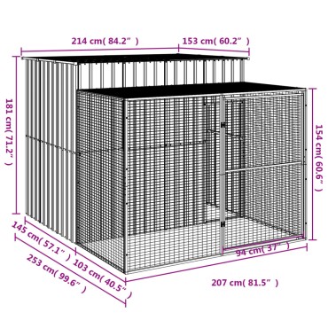 vidaXL Σπιτάκι Σκύλου με Αυλή Ανθρακί 214x253x181 εκ. Γαλβαν. Χάλυβας