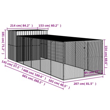 vidaXL Σπιτάκι Σκύλου με Αυλή Ανθρακί 214x661x181 εκ. Γαλβαν. Χάλυβας