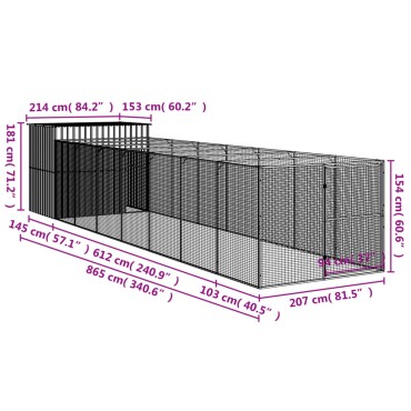 vidaXL Σπιτάκι Σκύλου με Αυλή Ανθρακί 214x865x181 εκ. Γαλβαν. Χάλυβας