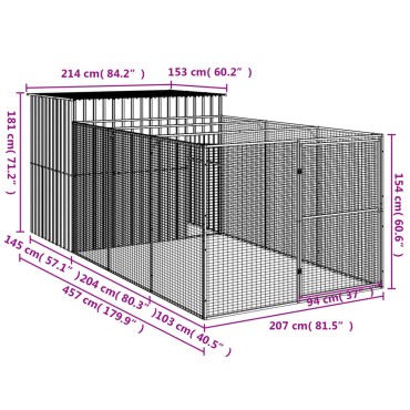 vidaXL Σπιτάκι Σκύλου με Αυλή Ανθρακί 214x457x181 εκ. Γαλβαν. Χάλυβας