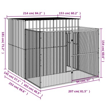 vidaXL Σπιτάκι Σκύλου με Αυλή Αν. Γκρι 214x253x181 εκ. Γαλβαν. Χάλυβας