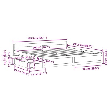 vidaXL Σκελετός Κρεβατιού Χωρίς Στρώμα 160x200 εκ Μασίφ Ξύλο Πεύκου
