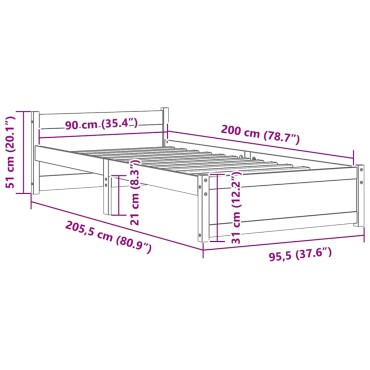 vidaXL Πλαίσιο Κρεβατιού 90 x 200 εκ. από Μασίφ Ξύλο