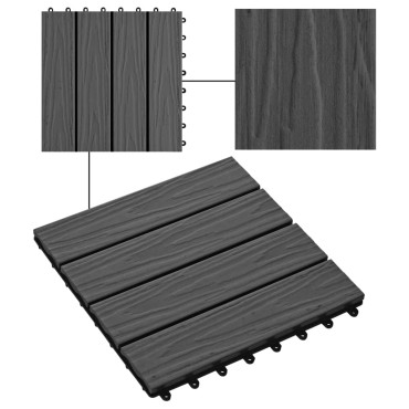 vidaXL Πλακάκια Deck 11 τεμ. Ανάγλυφα Μαύρα 30x30 εκ. 1 μ² WPC