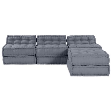 vidaXL Καναπές Modular 4 Θέσεων με Πουφ Κωδικό Ψαθί Γκρι 70x70x36cm