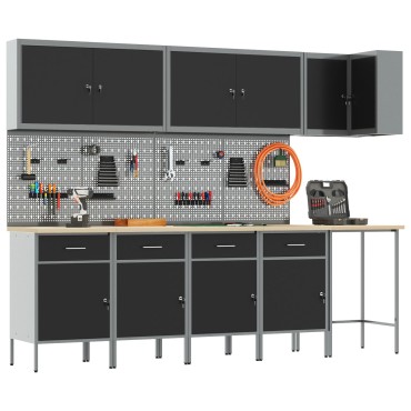 vidaXL Σετ 12 κομματιών για εργασιακή ντουλάπα και πίνακα με αγκύλες σε μαύρο MDF και μέταλλο