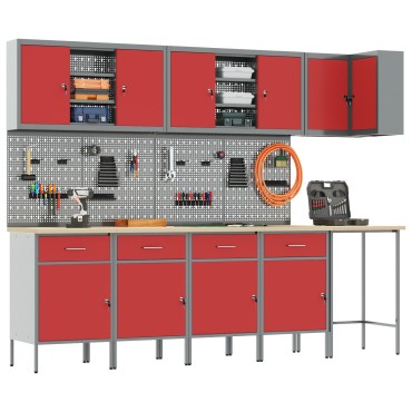 vidaXL Σετ Εργασίας 12 Τεμαχίων με Ντουλάπι και Πίνακα Γραφής Κόκκινο MDF και Μέταλλο