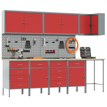 vidaXL Σετ Εργασίας 12 Τεμαχίων με Ντουλάπι και Πίνακα Πεγκάι Γενικής Χρήσης σε Κόκκινο MDF και Μέταλλο