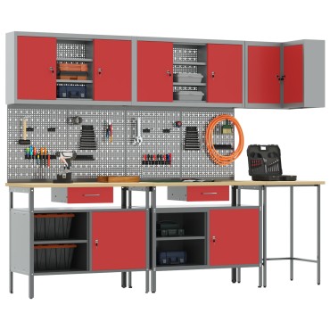 vidaXL Σετ αποθήκευσης εργαλείων 10 τεμαχίων - Κόκκινο, ξύλο και μέταλλο