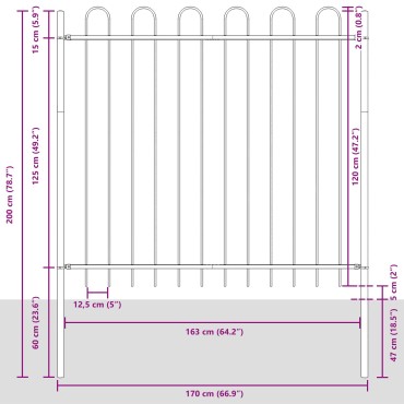 vidaXL Φράχτης Κήπου με Στεφάνι από πάνω, Γκρι, 8,5x1,5 μ Χάλυβας 170x3.5x200cm