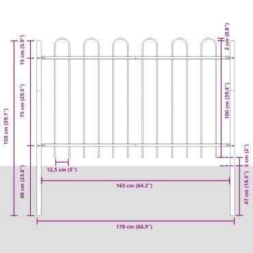 vidaXL Φράχτης Κήπου με Τόξο Γκρι 10,2x1 μ Μέταλλο 170x3.4x150cm