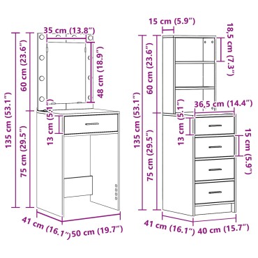 vidaXL 2 τεμ. Σετ Τουαλέτας με LED Παλιού Ξύλου Επεξεργασμένου Ξύλου 50x41x135cm