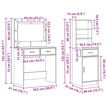 vidaXL Σετ Dressing Table 2 τεμ. με LED Μαύρο Επεξεργασμένο Ξύλο 78.5x41x135 cm