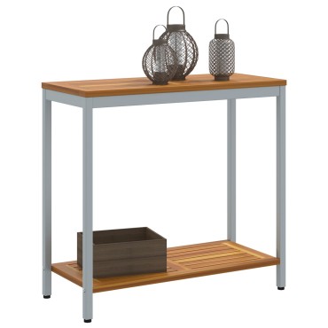 vidaXL Εξωτερικό Τραπέζι Φυσικό & Γκρι 35x80x75cm Μασίφ Ξύλο και Χάλυβας 1 τεμ.