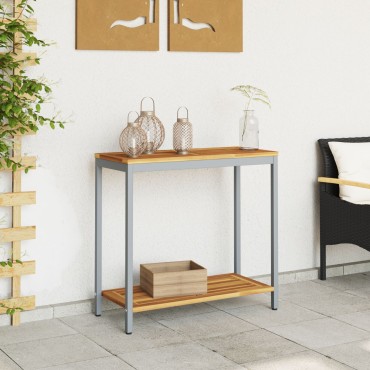vidaXL Εξωτερικό Τραπέζι Φυσικό & Γκρι 35x80x75cm Μασίφ Ξύλο και Χάλυβας 1 τεμ.
