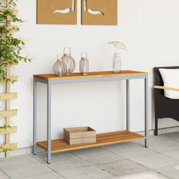 vidaXL Εξωτερικό Τραπέζι Φυσικό & Γκρι 35x110x75cm Στερεό Ξύλο και Ατσάλι 1 τεμ.