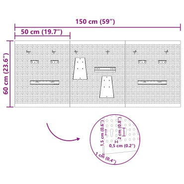 vidaXL Πεγκόρντ - 3 Πακέτα με 15 Αξεσουάρ, Γκρι, 50x60 εκ, Ατσάλι