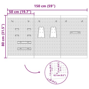 vidaXL Pegboards 3 τεμάχια με 15 αξεσουάρ Γκρι 50x80 εκ Ατσάλι
