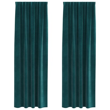 Curtains blackout vidaXL με κορδέλα 2 τεμ Σκούρο Πράσινο Βελούδο
