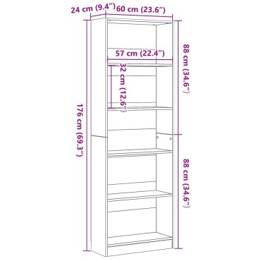 vidaXL Μαύρη Δρύινη Βιβλιοθήκη - 60x24x176 εκ 1 τεμ.