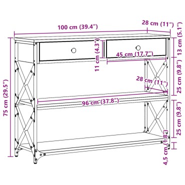 vidaXL Κονσόλα Μαύρη Δρυς 100x28x75cm Επεξεργασμένου Ξύλου & Ατσαλιού 1 τεμ.