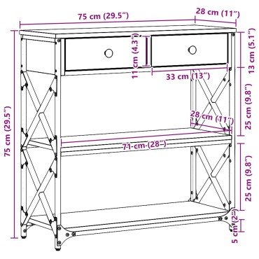 vidaXL Τραπέζι κονσόλας Μαύρη Δρυς 75x28x75cm Κατασκευασμένο ξύλο και ατσάλι 1 τεμ.