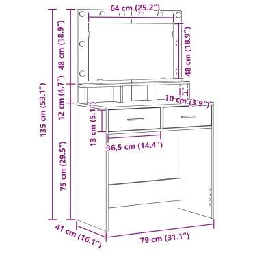 vidaXL Τραπέζι Μακιγιάζ με Φώτα LED Καπνιστός Δρυς 79x41x135 εκ