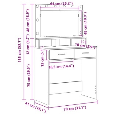 vidaXL Τραπεζάκι Μακιγιάζ με LED Φώτα Καφέ Δρυς 79x41x135cm