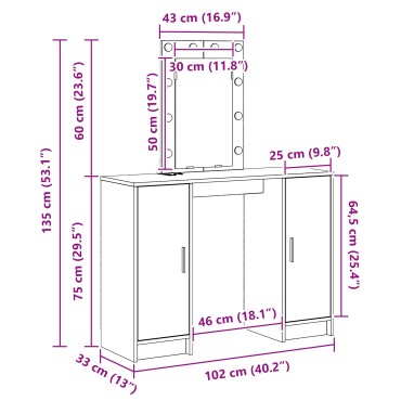 vidaXL Τουαλέτα με LED Φώτα Καφέ Δρυς 102x33x135cm 1 τεμ.