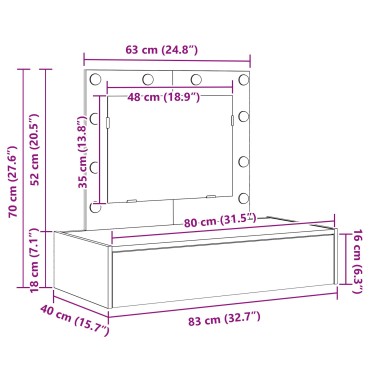 vidaXL Τραπέζι Μακιγιάζ στον Τοίχο με LED Φώτα Δρυς Sonoma 83x40x70cm