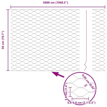 vidaXL Εξάγωνος Φράχτης 0.5x50 μ Γαλβανισμένος Χάλυβας 5000x0.05x50cm