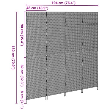 vidaXL Χώρισμα Δωματίου 4 Πάνελ Φορητό Γκρι 195x180cm Πολυ Ράτταν