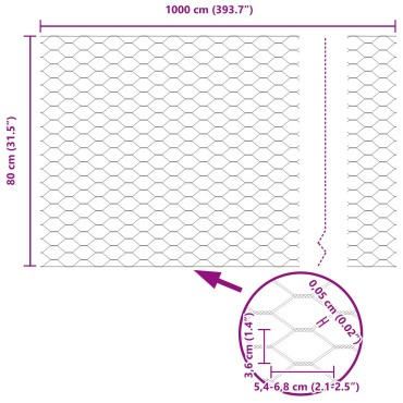 vidaXL Εξάγωνος Φράχτης 0.8x10 μ Γαλβανισμένο Ατσάλι 1000x80x0.05cm