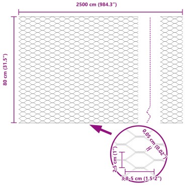 vidaXL Εξάγωνη περίφραξη 0.8x25 μ Γαλβανισμένος χάλυβας 2500x80x0.05cm