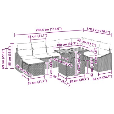 vidaXL Σετ Εξωτερικής Τραπεζαρίας  9 κομματιών με Μαξιλάρια Μπεζ Poly Rattan Ακακίας