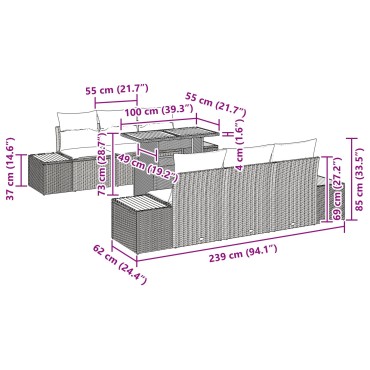 vidaXL Σετ 7 κομματιών τραπεζαρίας με μαξιλάρια γκρι Πολυ Ρατάν