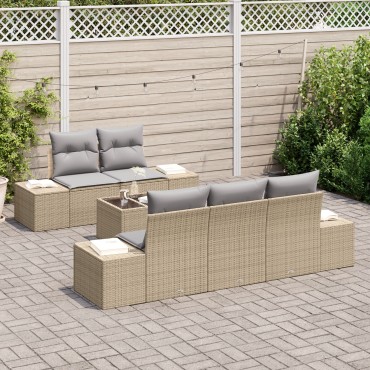 vidaXL Σετ Καναπέ Κήπου 6 τεμ. με Μαξιλάρια Μπεζ Poly Rattan Γωνιακός