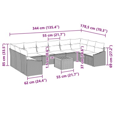 vidaXL Σετ καναπέ κήπου 11 κομματιών με μαξιλάρια Μπεζ Πολυ Ρατάν