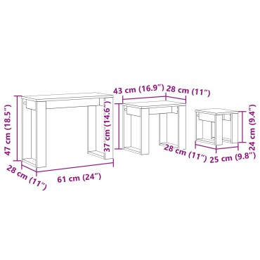 vidaXL 3- τεμ. Ένθετα Τραπέζια σε Μαύρη Βελανιδιά από Επεξεργασμένο Ξύλο 61x28x47cm