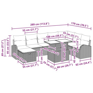vidaXL Σετ Καναπέ 9 Τεμαχίων  με Μαξιλάρια Λαμπερό Γκρι Πολυ Ρατάν